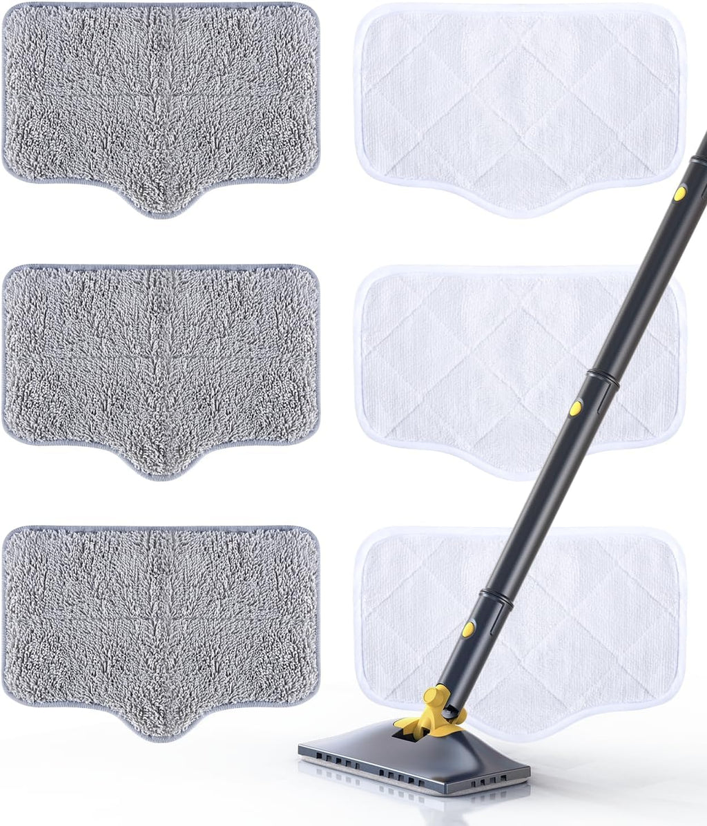 ScrubWiz Steam Mop Pads with Washable and Reusable, 6 Pack Replacement, 2 Material Types Accessories Compatible With Steamer Mop for Cleaning Floors and Carpets, White and Gray