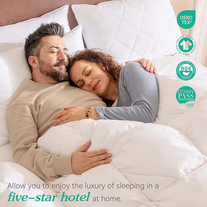 Three Geese White Goose Feather Bed Pillows Queen Size Set of 2- Soft 600 Thread Count 100% Cotton, Medium Firm,Soft Support Surround Fill Polyester (Standard Size:Pack of 2)