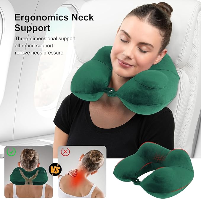 Inflatable Travel Pillow, Comfortable & Supportive Neck Pillow for Traveling, Pain Relief Sleeping Neck Pillows for Airplanes/Cars/Buses/Trains/Office Napping (Green)