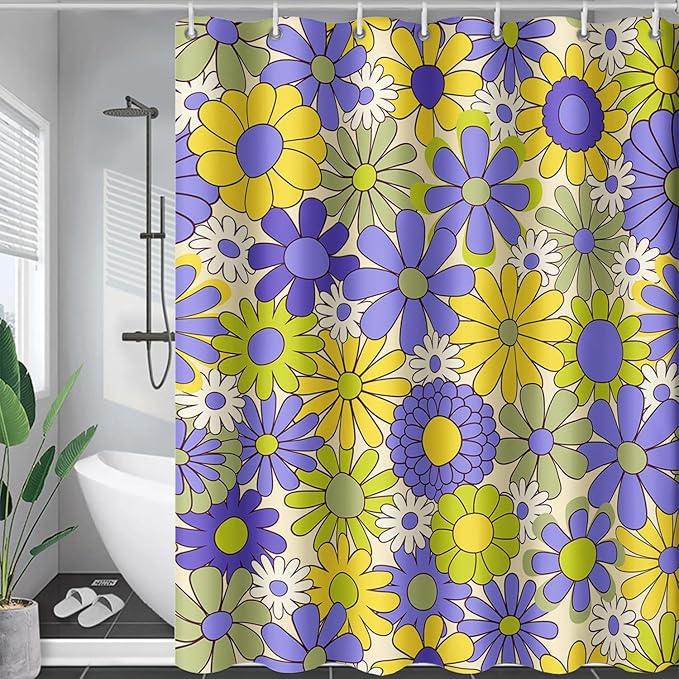 AILONEN Flower Shower Curtain for Bathroom,Polyester Fabric Waterproof,Purple Yellow Plants Flowers Bath Curtains Washable, 60" W x 72" H
