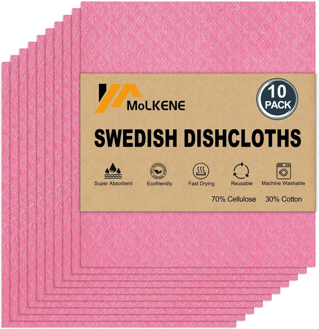 Swedish Dishcloths - 10 Pack Reusable Kitchen Dishcloths - Ultra Absorbent Dish Towels for Washing Dishes - Cellulose Sponge Cloth Cleaning Cloths - Pink