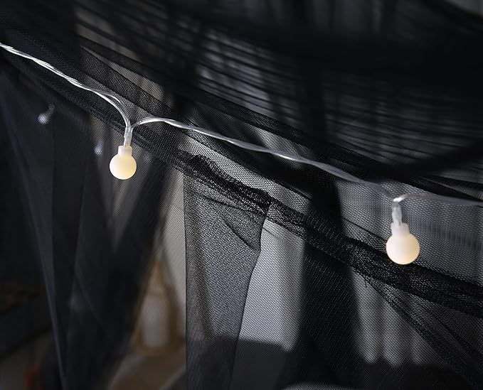 Mengersi Canopy Bed Curtains with Lights,Elegant Bed Canopy Curtains Bed Netting for Full Queen King Size Bed,Halloween Decoration,Gothic Black Room Decor Aesthetic