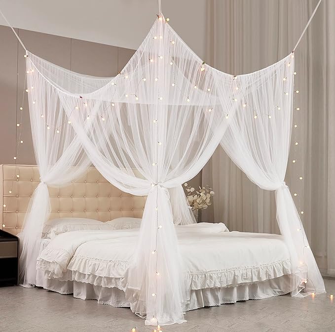 Mengersi Bed Canopy with Lights,4 Corner Post Bed Drapes Canopy for Bed,Canopy Bed Curtains Elegant Bedroom Decoration Accessories