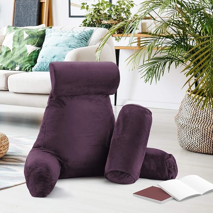 Nestl Reading Pillow Large Bed Pillow, Back Pillow for Sitting in Bed Shredded Memory Foam Chair Pillow, Reading & Bed Rest Pillows Purple Back Pillow for Bed, Bed Chair Arm Pillow with Pockets