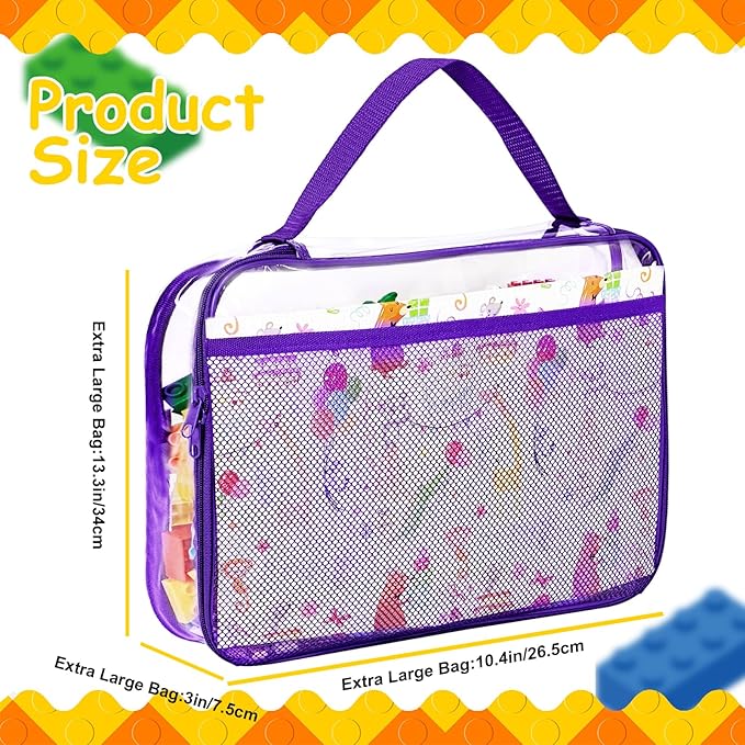 4 Packs PVC Toy Zippered Blocks, Travel Storage Case Bags for Organizing, Waterproof Toy Storage Bags with Mesh Pockets for Building Blocks, Puzzles, Clays,Toy Cars 13.3"Lx3" Wx10.4" H (Purple).