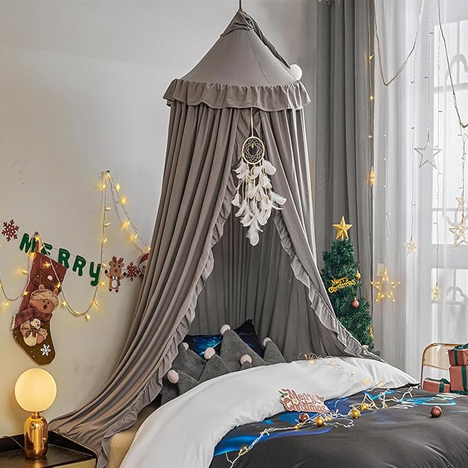 VETHIN Bed Canopy for Girls Kids,Princess Round Dome Children Dreamy Mosquito Net Bedding Girls Room Castle Play Tent Hanging House Decor Reading Nook Canopies (Grey)