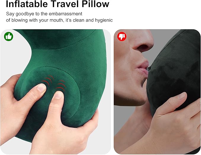 Inflatable Travel Pillow, Comfortable & Supportive Neck Pillow for Traveling, Pain Relief Sleeping Neck Pillows for Airplanes/Cars/Buses/Trains/Office Napping (Green)