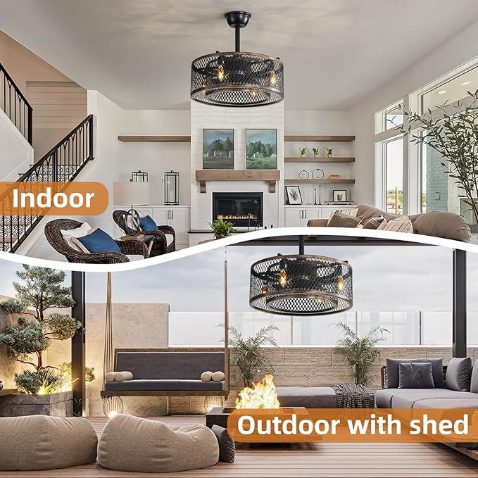 NicBex Ceiling Fan 20 Inch Ceiling Fans with Lights Caged Ceiling Fan with Blades and Remote Control Down Rod Mount Ceiling Fans for Bedroom, Living Room, Black Brown