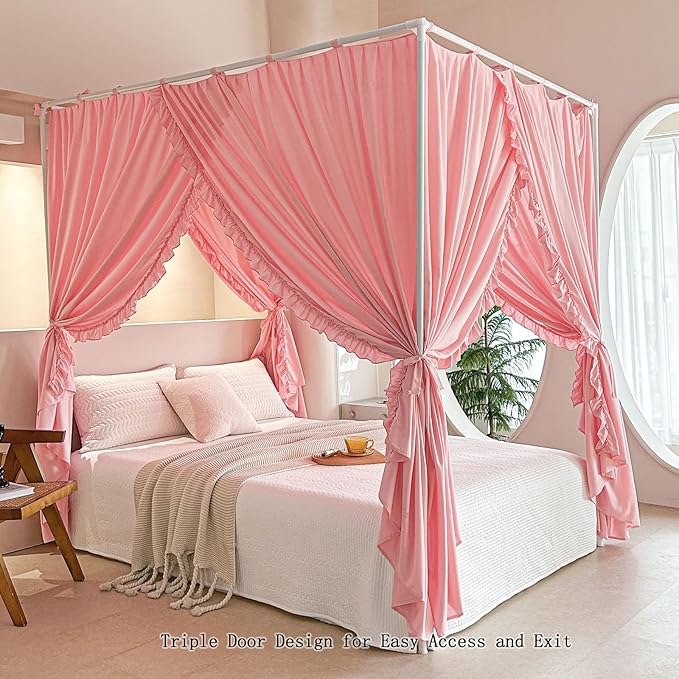 AIKASY Princess Canopy Bed Curtains with Top Ties - Windproof & Lightproof for Girls' Adult Bedroom Decor | Bed Canopy Drapes (King,Pink)