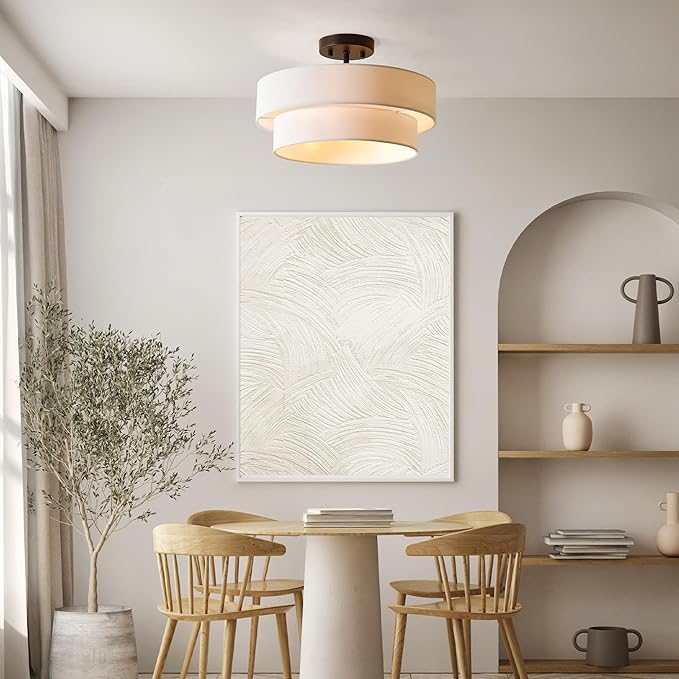 Globe Electric 66000138 2-Light Semi-Flush Mount Ceiling Light, Matte Black, 2-Tier, White Linen Shade, Home Improvement, Dining Room, Kitchen