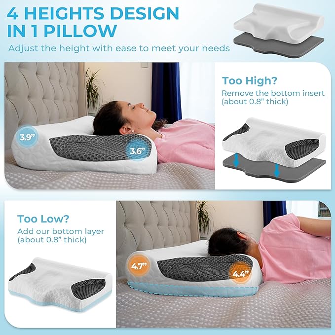 Cervical Pillows for CPAP Sleeper, Side Sleeper Pillow for Neck and Shoulder Pain, Adjustable Ergonomic Orthopedic Bed Pillow for Back, Side and Stomach Sleepers, White