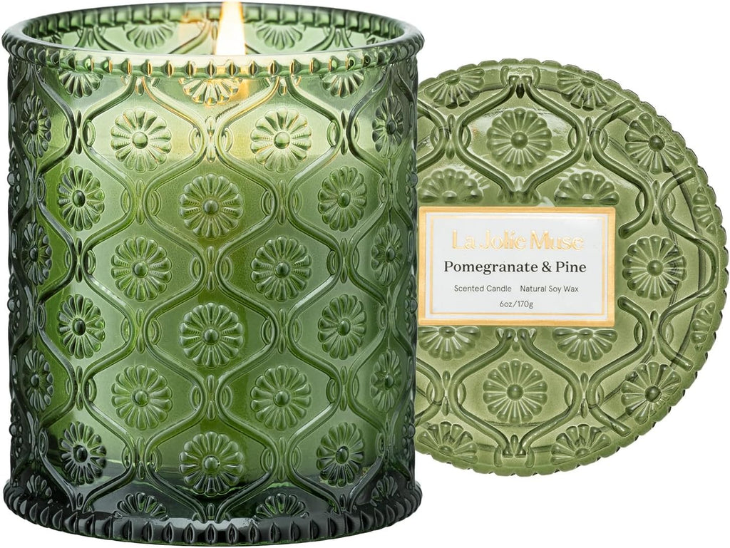 LA JOLIE MUSE Christmas Candles, Pine & Pomegranate Candle -Lemon, Pomegranate & Pine | 6 oz Natural Soy Wax | 40 Hours Clean Burn | Gift-Ready for Hosts, Gatherings | Elegant Home Décor