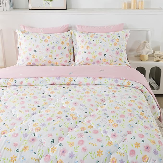 Wajade Floral Comforter Set Bed in A Bag Queen Size 7 Piece Botanical Flower Green Leaves Rabbits Bedding Set for Girls (1 Comforter, 1 Flat Sheet, 1 Fitted Sheet, 2 Pillowcase and 2 Pillow Sham)