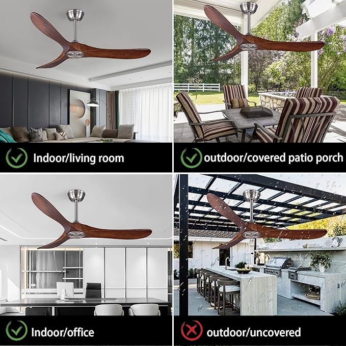 Bigzone 52" Outdoor/Indoor Ceiling Fan NO Light With Remote Control, Energy Efficient DC Motor, 3 Solid Wood Blades,Brushed Nickel Ceiling Fan With Reversible Blades