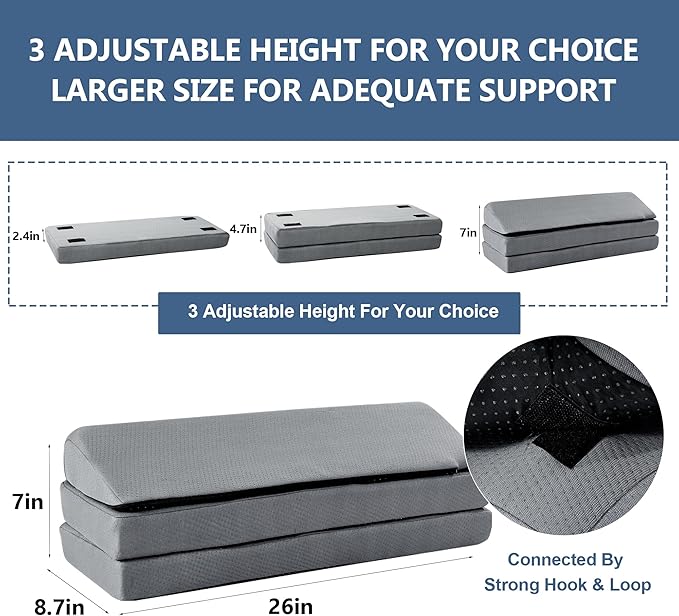 HOMBYS 3-in-1 Adjustable Height Wedge Pillow, 7" Height Leg Knee Pillow for Side Sleepers & Aligns Spine, Supportive Bolster Pillow for Pregnancy Relieves Pressure Hip Leg Elevation, 26", Light Grey