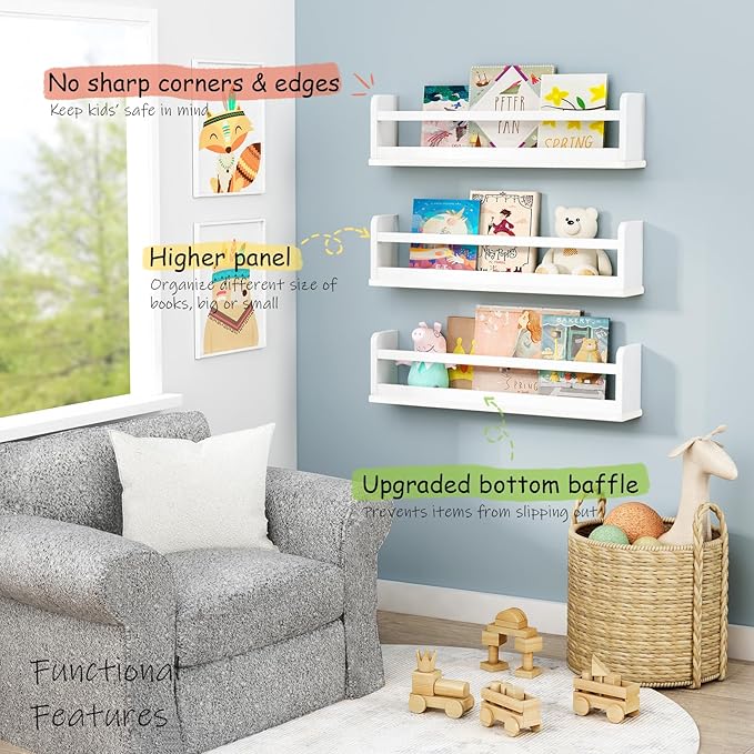 24 Inch Wide Bookshelf for Kids Room Wall Decor, Floating Nursery Book Shelves for Baby Children Teens Bedroom, Corner Hanging Bookshelves Wall Mounted for Classroom Library (White)