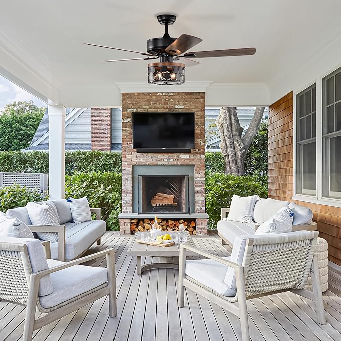 NicBex Ceiling Fan 52 Inch Ceiling Fan with Lights Vintage Ceiling Fans with 5 Blades and Remote Control Ceiling Fan with Round Lamp Shade for Bedroom, Living Room, Matte Black