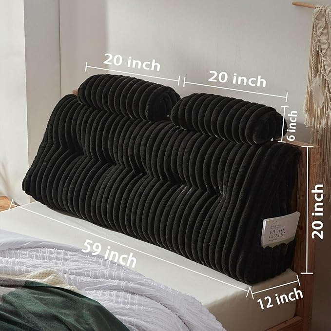 Faux Fur Headboard Pillow with 2 Pack Neck Roll Pillow Large Headboard Pillow Soft and Supportive with Removable Cover (Black, Queen)