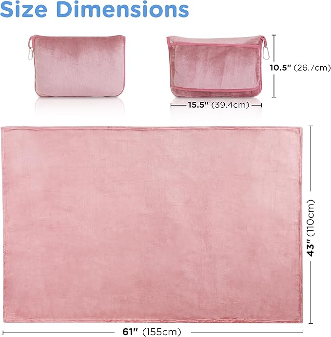 ATsense Travel Blanket Pillow, Premium 2 in 1 Soft Airplane Blanket Compact with Bag Pillowcase for Long Trips, Flying and Car, Travel Essentials for Women with Hand Luggage Sleeve and Backpack Clip