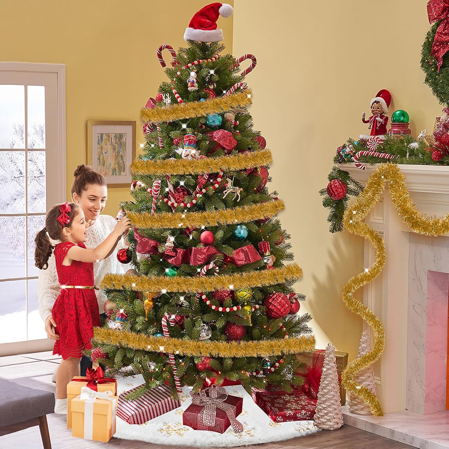 25 Feet Christmas Tinsel Garland, Metallic Twist Wall Hanging Backdrop for Parade Floats, Christmas Eve, New Year, Valentine's Day Party Decorations (Champagne Gold, 4in x 25ft)