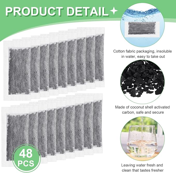 48 Packs Replacement Activated Charcoal Distiller Filters Coconut Shell Activated Carbon Filter Sachets Compatible with Countertop Water Distiller Models