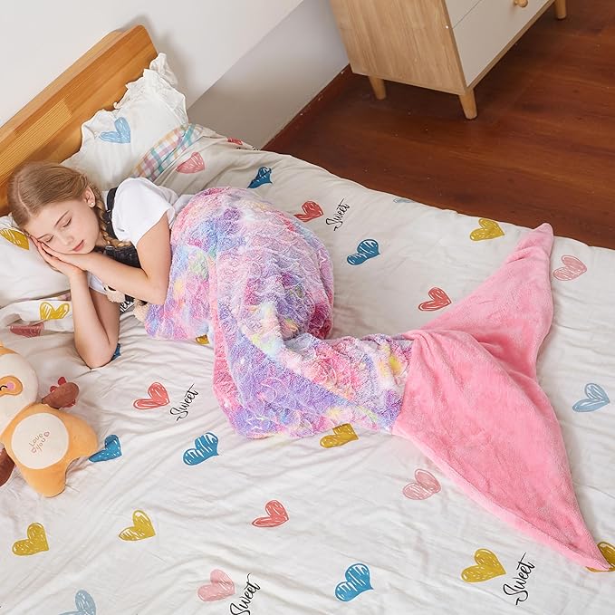 Catalonia Mermaid Tail Blanket for Girls, Glow in The Dark Mermaid Sleeping Bag, Stars and Moon Patterns Pattern, Gift Idea for Kids