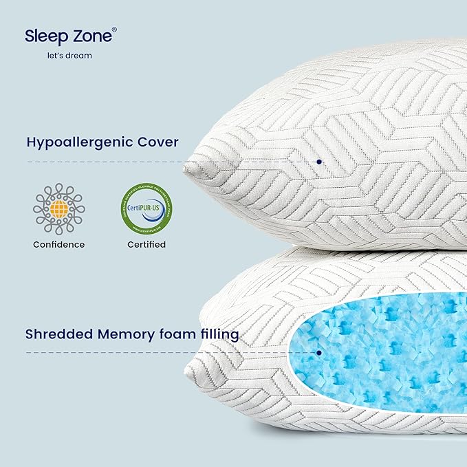 SLEEP ZONE Queen Size Shredded Memory Foam Bed Pillow for Sleeping, Removable Cooling Cover, Adjustable with 0.5Lb Extra Original Filling, (White, 20 x 30)