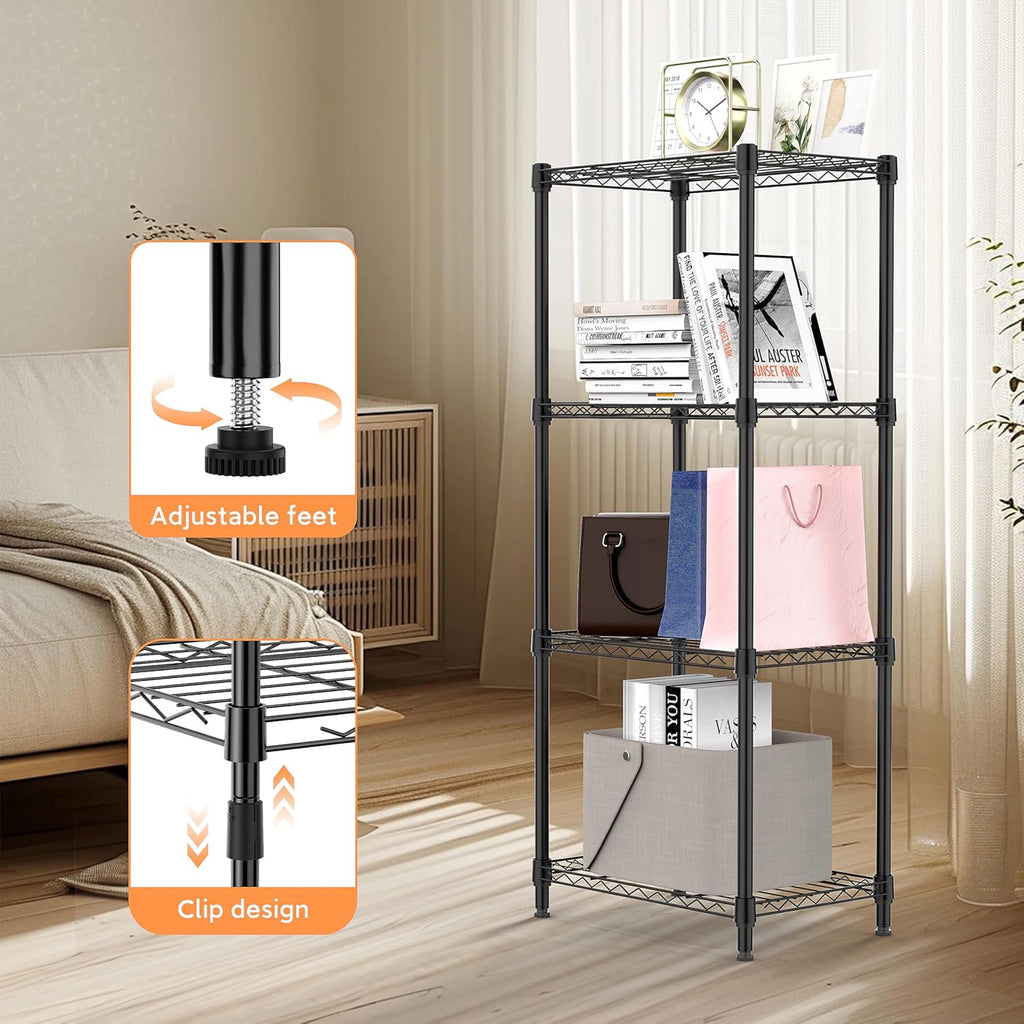 4 Tiers Shelf Metal Storage Shelves Wire Rack Closet Organizers with Wheel for Garage Kitchen Bathroom Laundry Black 11.8" D x 17.7" W x 41.9" H