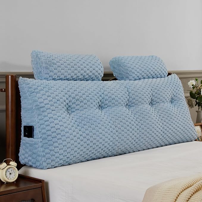 Wedge Headboard Pillow - Bed Wedge Pillow for Headboard Triangular Headboard Pillow with Neck Roll Pillow-Large Bolster Pillow for Sitting in Bed Backrest Positioning Support (Blue,59x8x20 Inches)