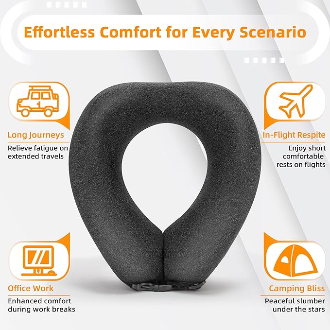 Neck Pillow Airplane Travel Set - Pure Memory Foam Travel Neck Pillow, Plane Pillow for Long Flights Essentials, Sleeping Travel with 3D Contoured Eye Mask, Earplugs, Portable Bag (Gray)