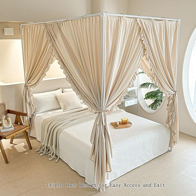 AIKASY Princess Canopy Bed Curtains with Top Ties - Windproof & Lightproof for Girls' Adult Bedroom Decor | Bed Canopy Drapes (Full,Khaki)