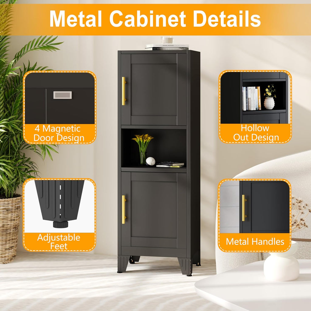 47.24" H Metal Narrow Bathroom Storage Cabinet Pantry Storage Cabinet, 2 Adjustable Shelves for Kitchen, Home Office, Living Room, Dinning Room (Black)
