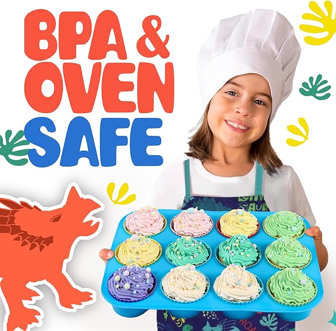 Osmi Complete Kids Baking Set - 14pc Dinosaur Chef Baking Kit - Premium Kid Cooking Gift Set w/ Real Utensils for Boys and Girls 4-12 - Bake Cookies, Cakes, and Cupcakes (Dino Theme)