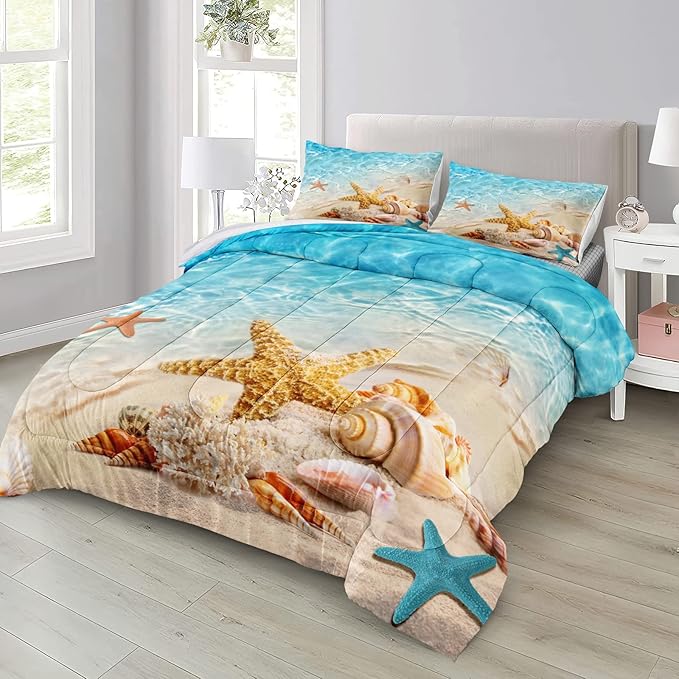 Bedbay California King Comforter Set Beach Comforter Set Starfish Marine Life Turquoise Ocean Bedding Comforter Set California King Soft Microfiber Beach Bed Comforter4 Pcs(104" Wx96 L)