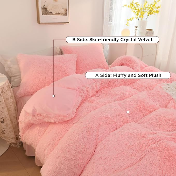 Litanika Fluffy Pink Comforter King Size, Luxury Shaggy Faux Fur Bedding Set Cute for Women Girls, Ultra Soft Velvet Plush Comforter King Bed 3 Pieces(1 Fuzzy Comforter 104×90 Inch, 2 Pillowcases)