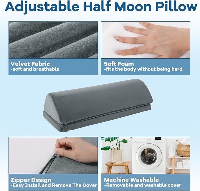 HOMBYS Adjustable Height Half Moon Pillow, 5.5" Bolster Pillow for Lumbar Neck & Leg Support, Supportive Foam Pillow Leg & Knee Elevation Pillow for Reducing Back Pain & Hip Pressure