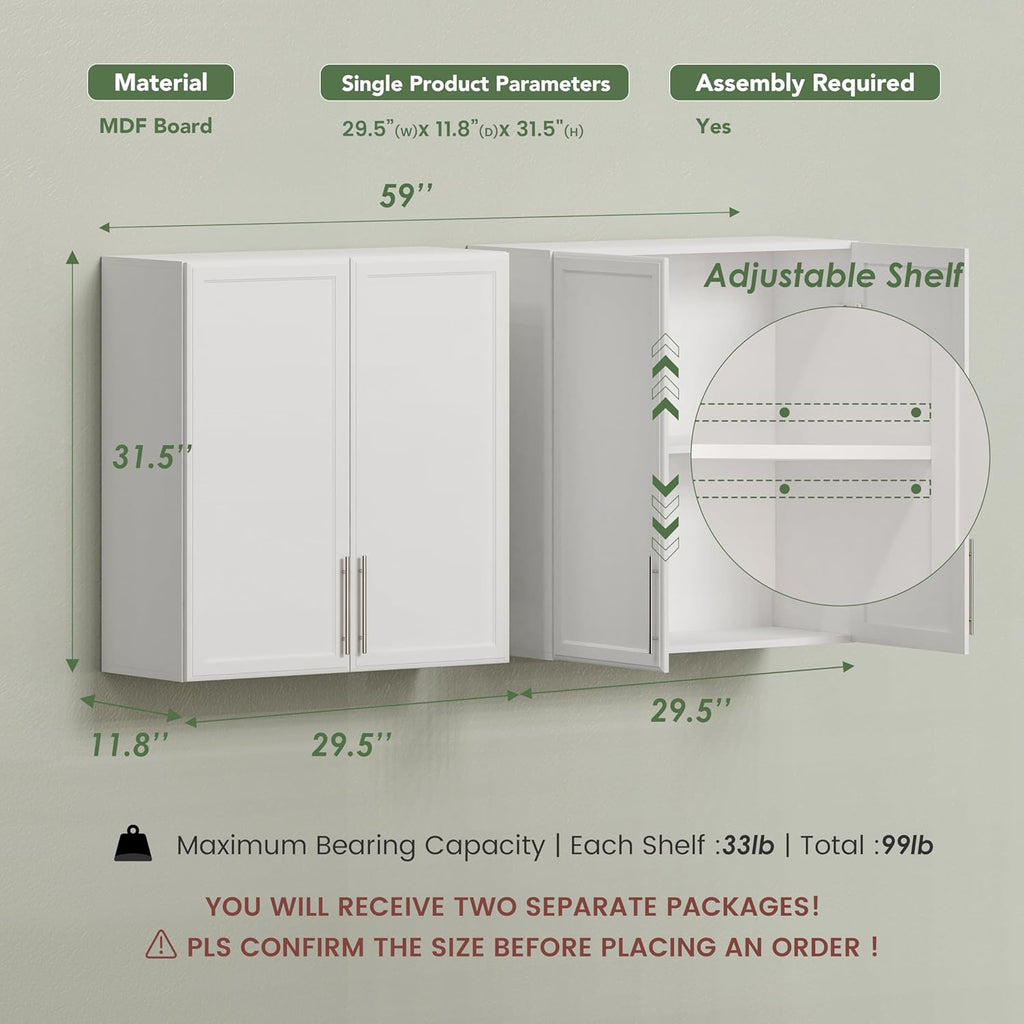 FIMELLO 60" Laundry Room Wall Cabinets with Adjustable Shelf, Large Wall Storage Cabinet, White Wall Cabinet with Doors, Upper Kitchen Cabinet, Cabinets for Laundry, Bathroom, Kitchen -White