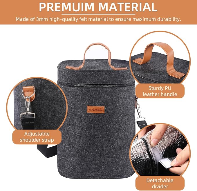 4 Bottle Carrier Tote, Thicken Felt Wine Carrier Padded Portable Wine Bottle Bag with Leather Handles & Shoulder Strap for Party, Picnic, Travel, BYOB (Dark Grey)