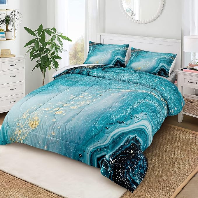 Bedbay Blue Marble Comforter King Size Blue and Gold Marble Bedding Set for Women Adults Western Bedroom Decor Aesthetic Watercolor Marble Quilt Set 4 Pcs Soft Microfiber Duvet Set (Blue,King)