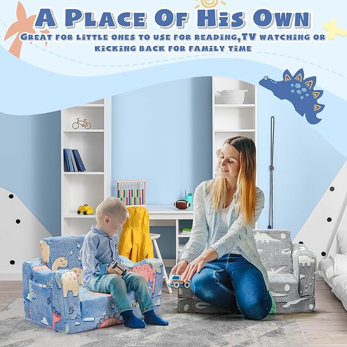 2-in-1 Toddler Chairs Comfy, Toddler Couches That Fold Out,Glow in The Dark, Extra Wide Kids Chairs for Toddler, Baby Couch for 1-3 Year Old, Gifts for Girls & Boys, Gray