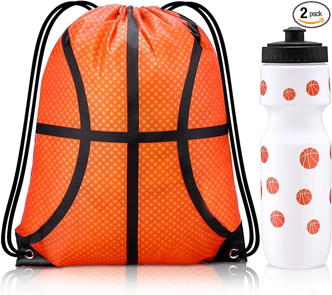2 Pcs Basketball Sports Party Favors Sports Drawstring Bags Goodie Treat Bags 24 oz Squeeze Water Bottles