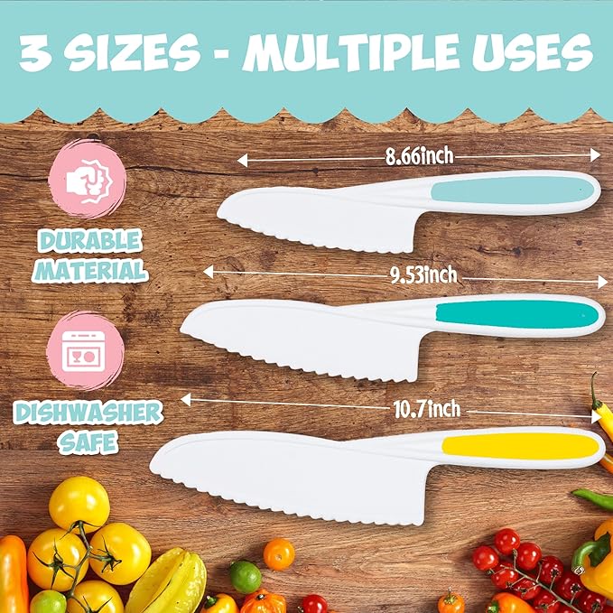 Kid Knives 3 Piece Nylon Kitchen, Kid Safe Knives, Kids Knives for Real Cooking, Toddler Knives Kids Knife Set for Cooking and Baking Kid Friendly Knives - (Multi Green)