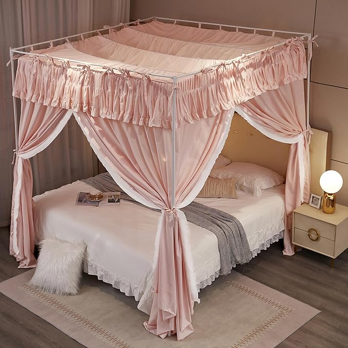 4 Corners Post Princess Ruffle Curtain Bed Canopy Lace Up Elastic Cozy Breathable Tent Mosquito Net for Girls Bedroom Decoration(Pink, 47-53" W*78" L*82"*H/Full)