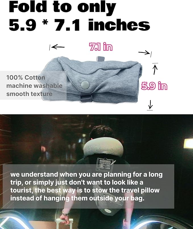 Stuffable Travel Pillow Holds Extra Cloth,Light Blocking 2-Way Hood, Collapsible Cotton Neck Pillow for Airplane Train and Long Trip Carry (Gray)