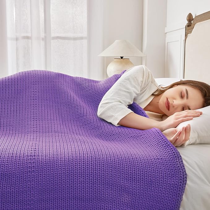 Knitted Weighted Blanket(Purple 50"x60" 7lbs),Home Décor Cooling Throw Blanket for Hot Sleepers,Hand Made Chunky Knit Heavy Blanket Use on Twin Size Bed