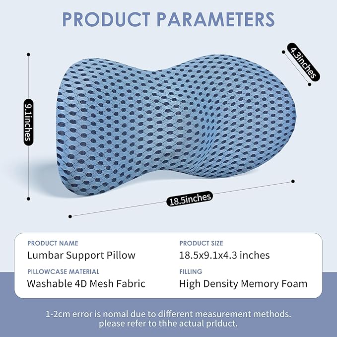 Lumbar Support Pillow, Back Pillow for Low Back Pain Relief, Ergonomic Streamline Car Seat, Office Chair, Recliner and Bed (Blue)