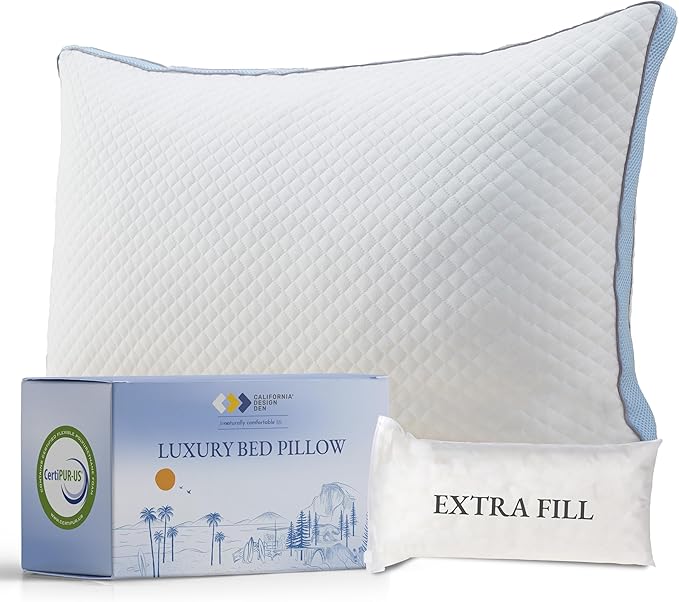 California Design Den Luxury Queen Size Pillow - Adjustable Loft Memory Foam - Soft Down Alternative - Cooling Luxury Hotel Pillows for Back, Stomach or Side Sleepers - Medium Soft, CertiPUR-US
