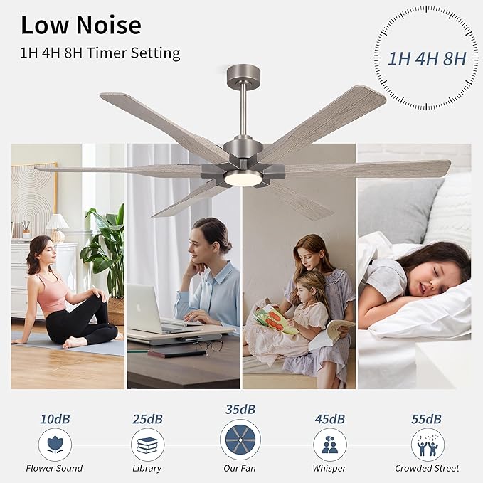 68 Inch Ceiling Fan with Lights and Remote Control, 6 Reversible ABS Blades, 6-Speed Noiseless DC Motor with 4.5" / 12" / 24" Downrods for Bedroom Dining Living Room, Antique Nickel and Gray