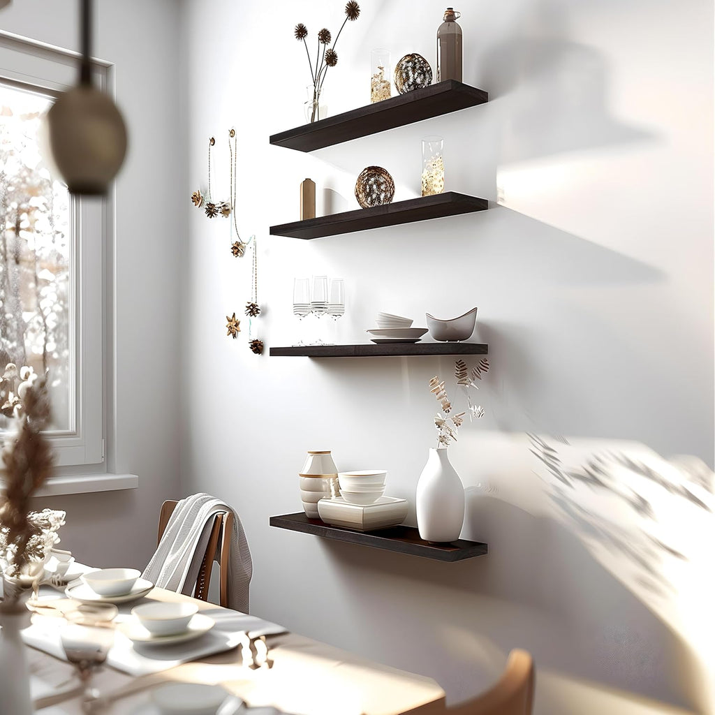 24 Inch Floating Shelves for Wall Rustic Brown Wood Wall Shelves for Bedroom Set of 4