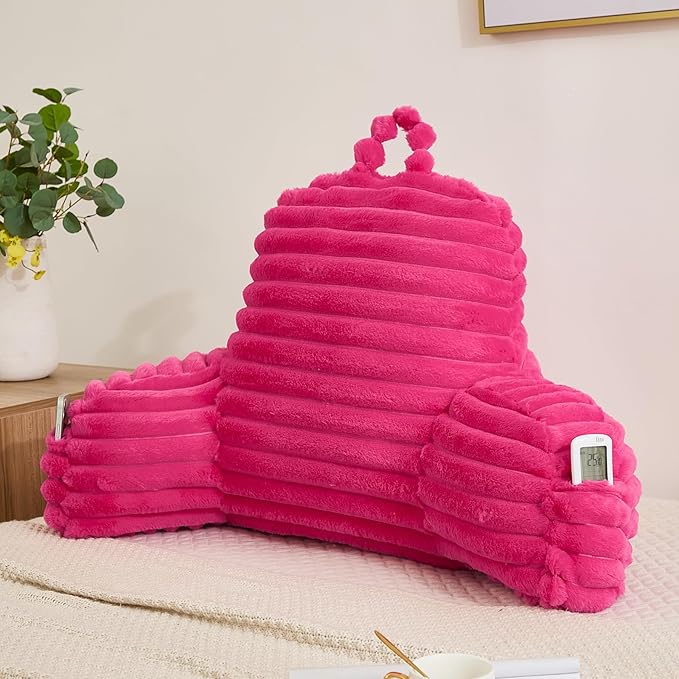 Faux Fur Fluffy Hot Pink Reading Pillow with Pockets, Luxury Striped Plush Decorative, Arm Rests and Back Surport for Bed Rest, Lounging on sofa, Standard